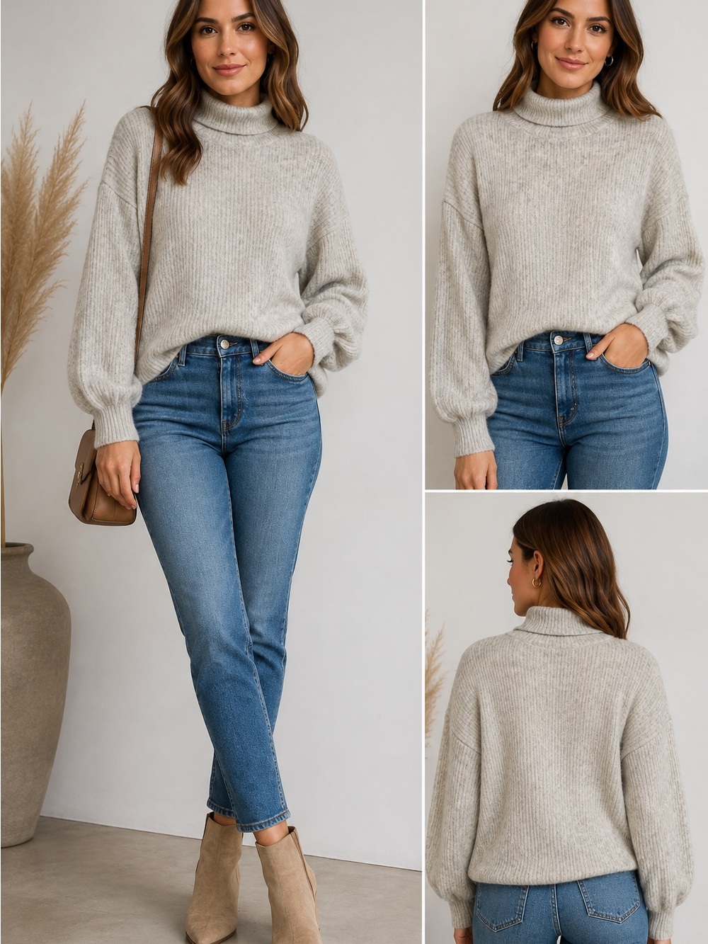 FRENCH CONNECTION Oatmeal Mock Neck Rib Knit Balloon Sleeve Sweater Women's M